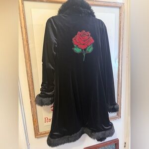 Rare Vintage Betsey Johnson Rose Embroidery Velvet Faux Fur Duster Jacket
